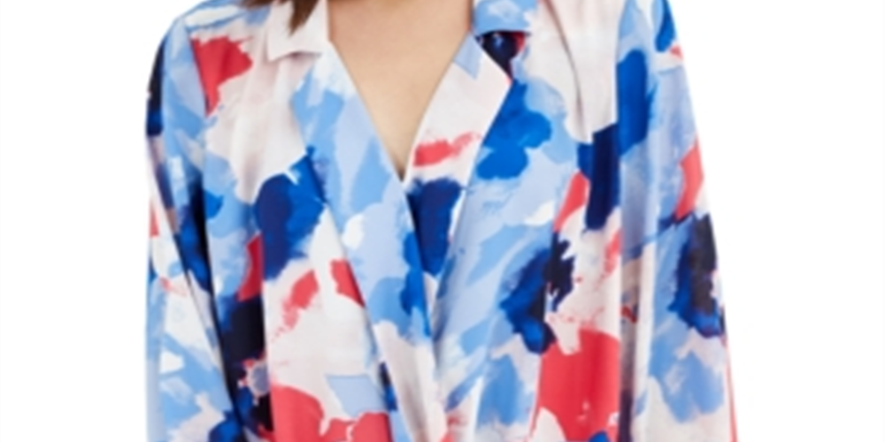 Blusa feminina Alfani com sobrepeliz estampada, azul, tamanho pequeno G