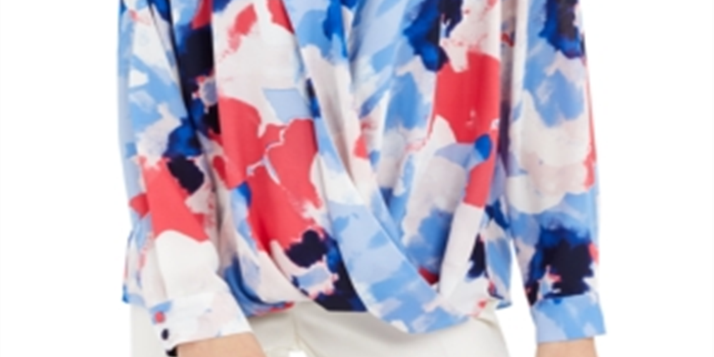 Blusa feminina Alfani com sobrepeliz estampada, azul, tamanho pequeno G