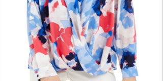 Blusa feminina Alfani com sobrepeliz estampada, azul, tamanho pequeno G