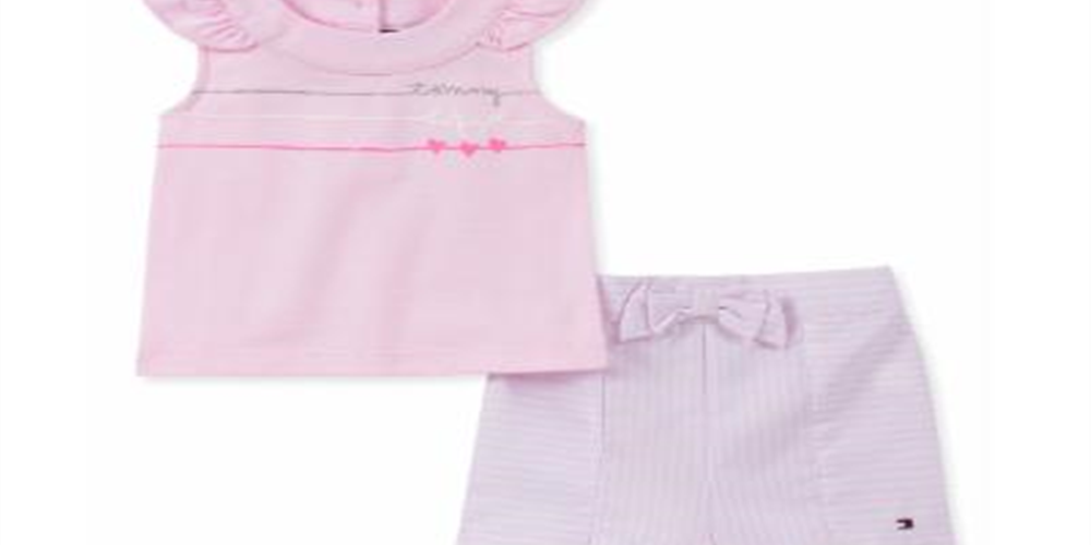 Shorts casual Tommy Hilfiger para menina com manga anjo rosa tamanho 6 a 9 meses