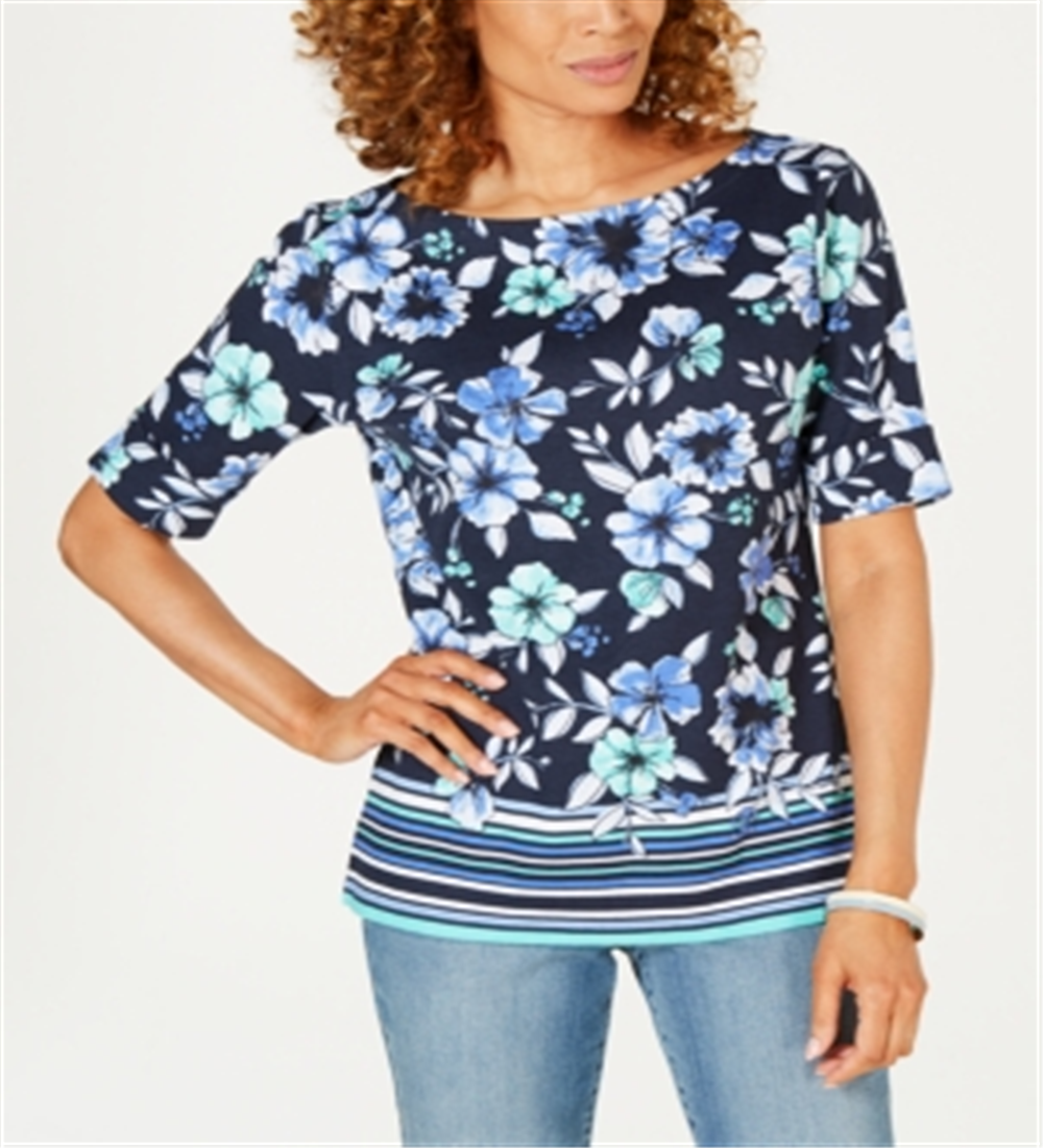 Blusa feminina Karen Scott com estampa de gola canoa, azul, tamanho pequeno P