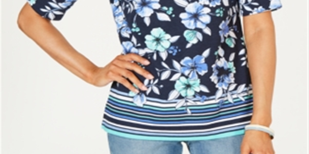 Blusa feminina Karen Scott com estampa de gola canoa, azul, tamanho pequeno P