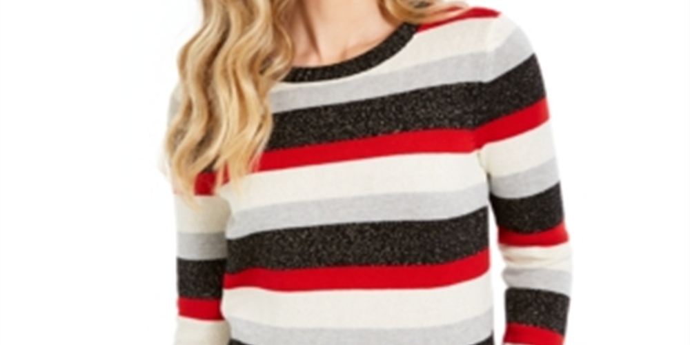 Suéter feminino listrado com gola redonda Charter Club, preto, tamanho X-S