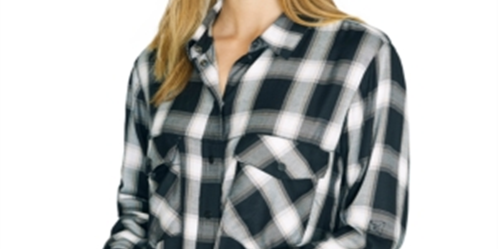 Blusa feminina xadrez de manga comprida com gola e botões Sanctuary, preta, tamanho pequeno