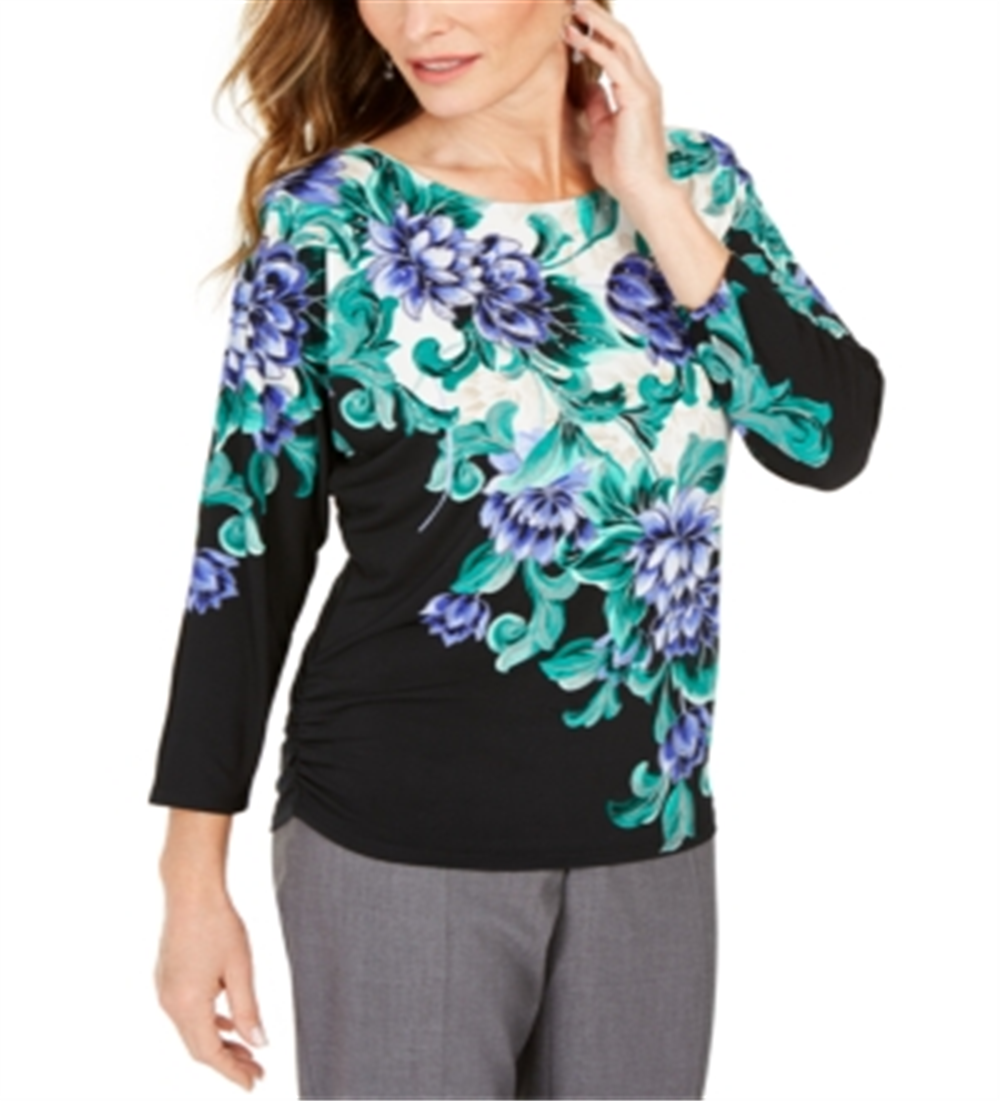 JM Collection Blusa feminina estampada com manga dolman e detalhes, preta, tamanho pequeno