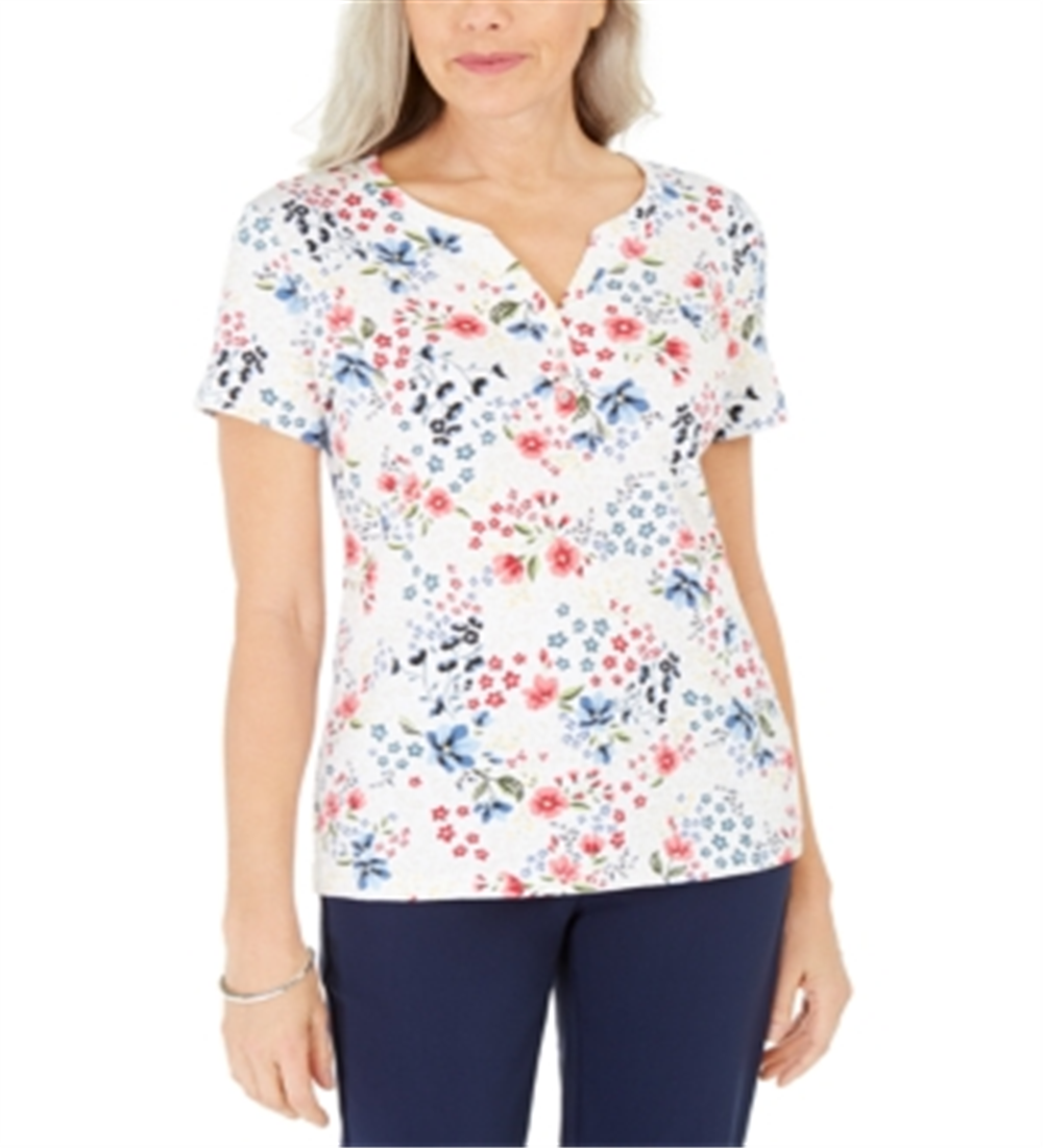 Karen Scott Blusa Henley Feminina Estampa Floral Branca Tamanho Médio