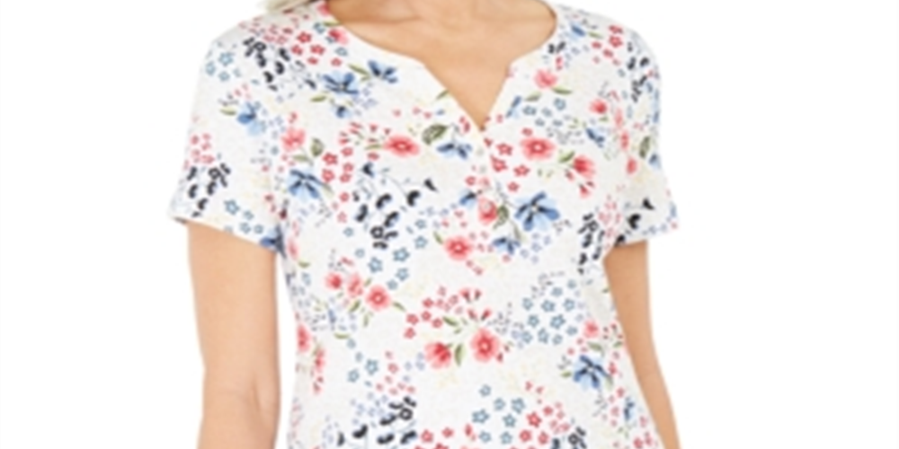 Karen Scott Blusa Henley Feminina Estampa Floral Branca Tamanho Médio