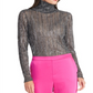 Blusa feminina Rachel Roy com gola alta plissada metálica, cinza, tamanho grande