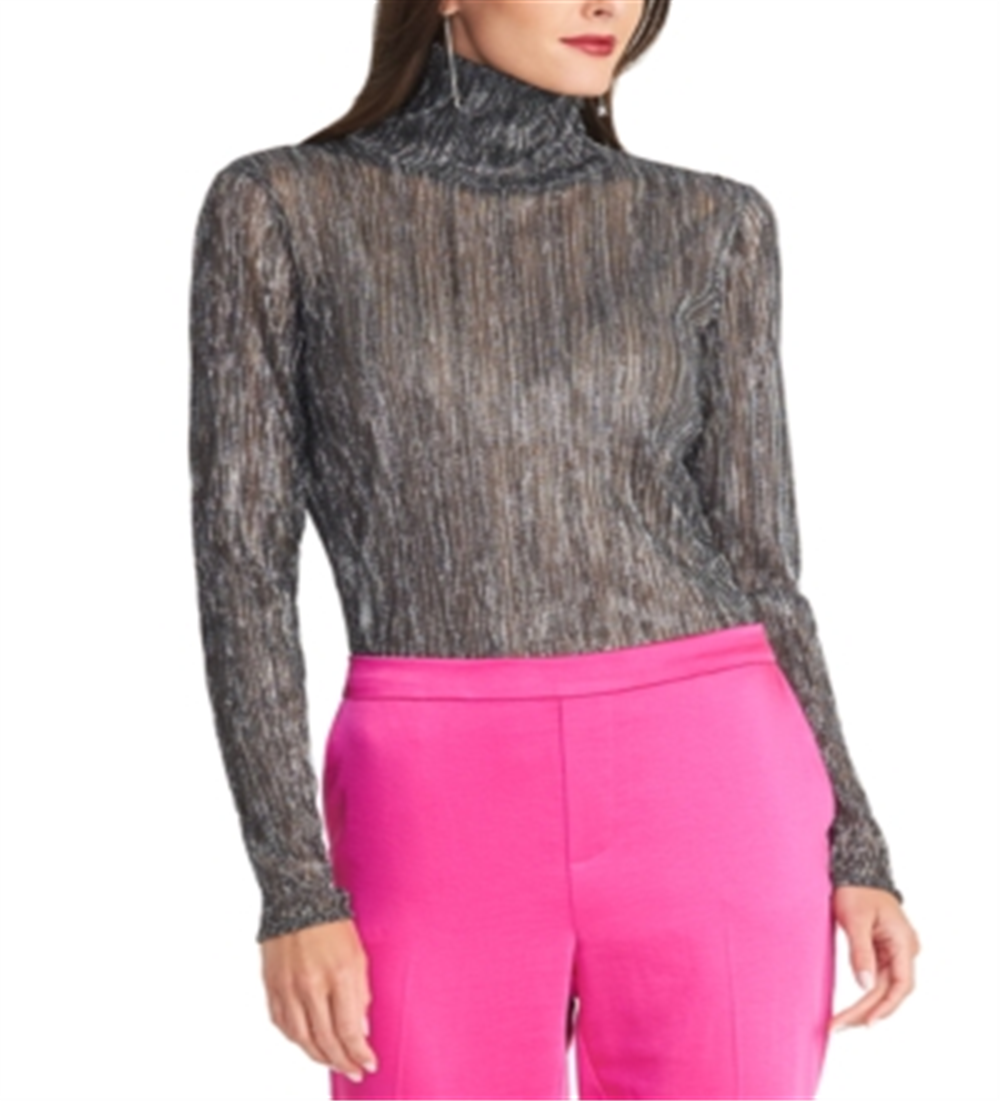 Blusa feminina Rachel Roy com gola alta plissada metálica, cinza, tamanho grande