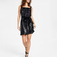 Vestido feminino Bar III com lantejoulas, decote quadrado e cinto, preto, tamanho extragrande