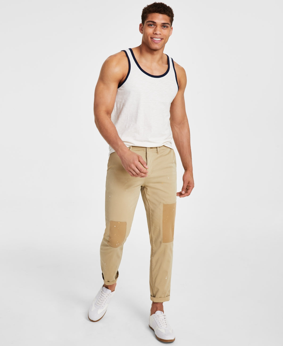 Sun + Stone Regata masculina sem mangas Dyan com acabamento contrastante, branca, tamanho grande