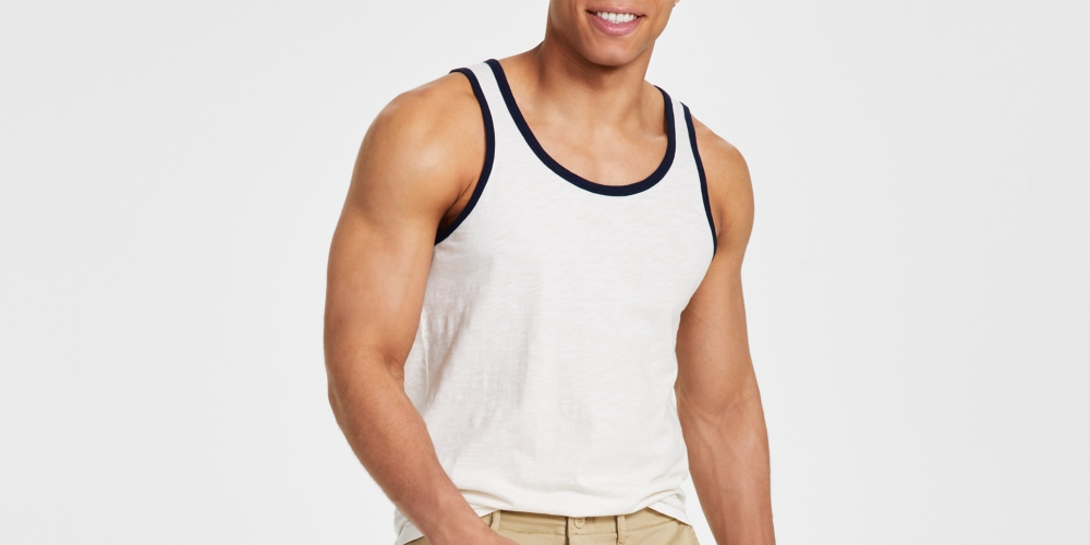 Sun + Stone Regata masculina sem mangas Dyan com acabamento contrastante, branca, tamanho grande