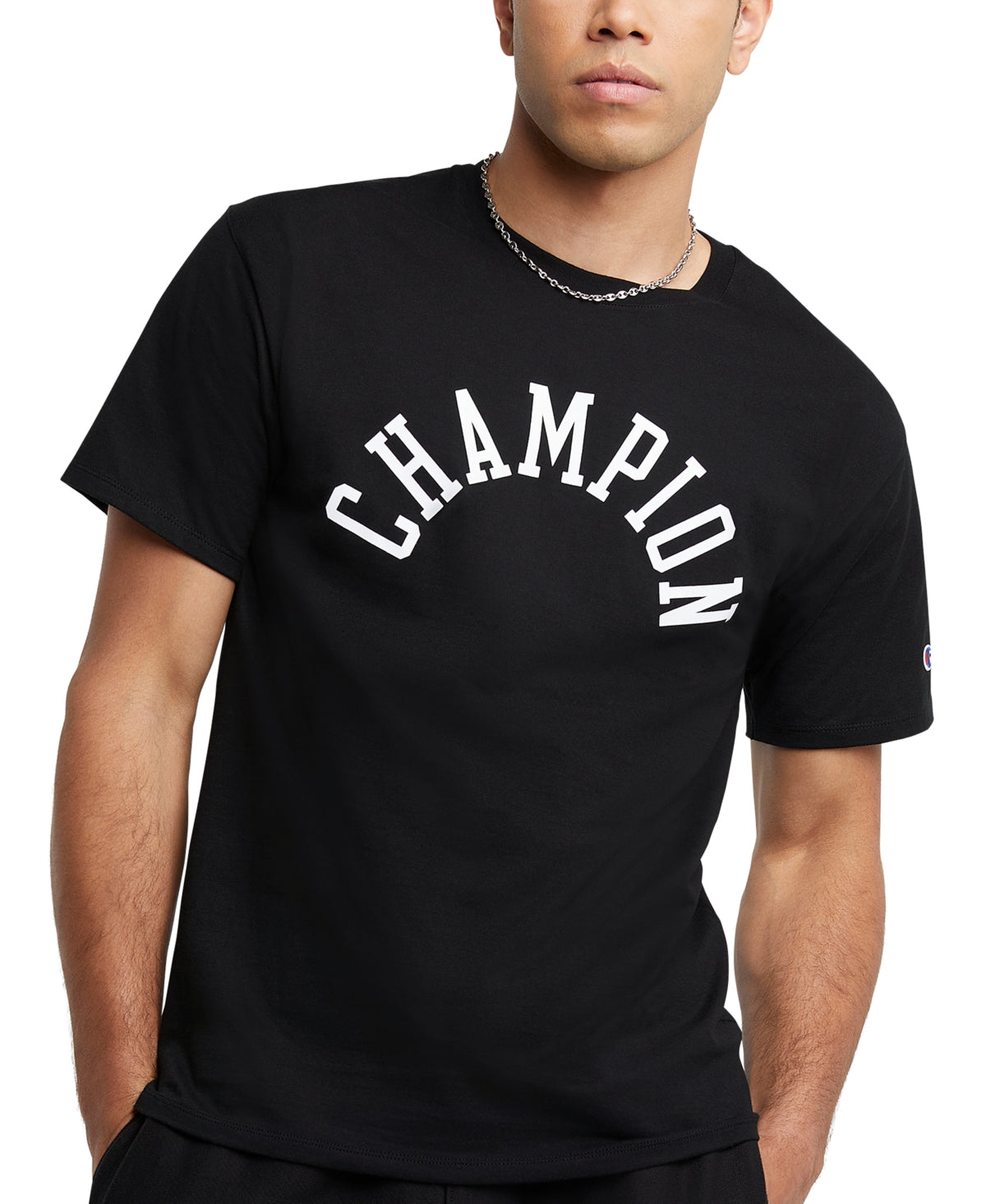 Camiseta masculina Champion com estampa de logotipo e ajuste padrão, preta, tamanho XX-G