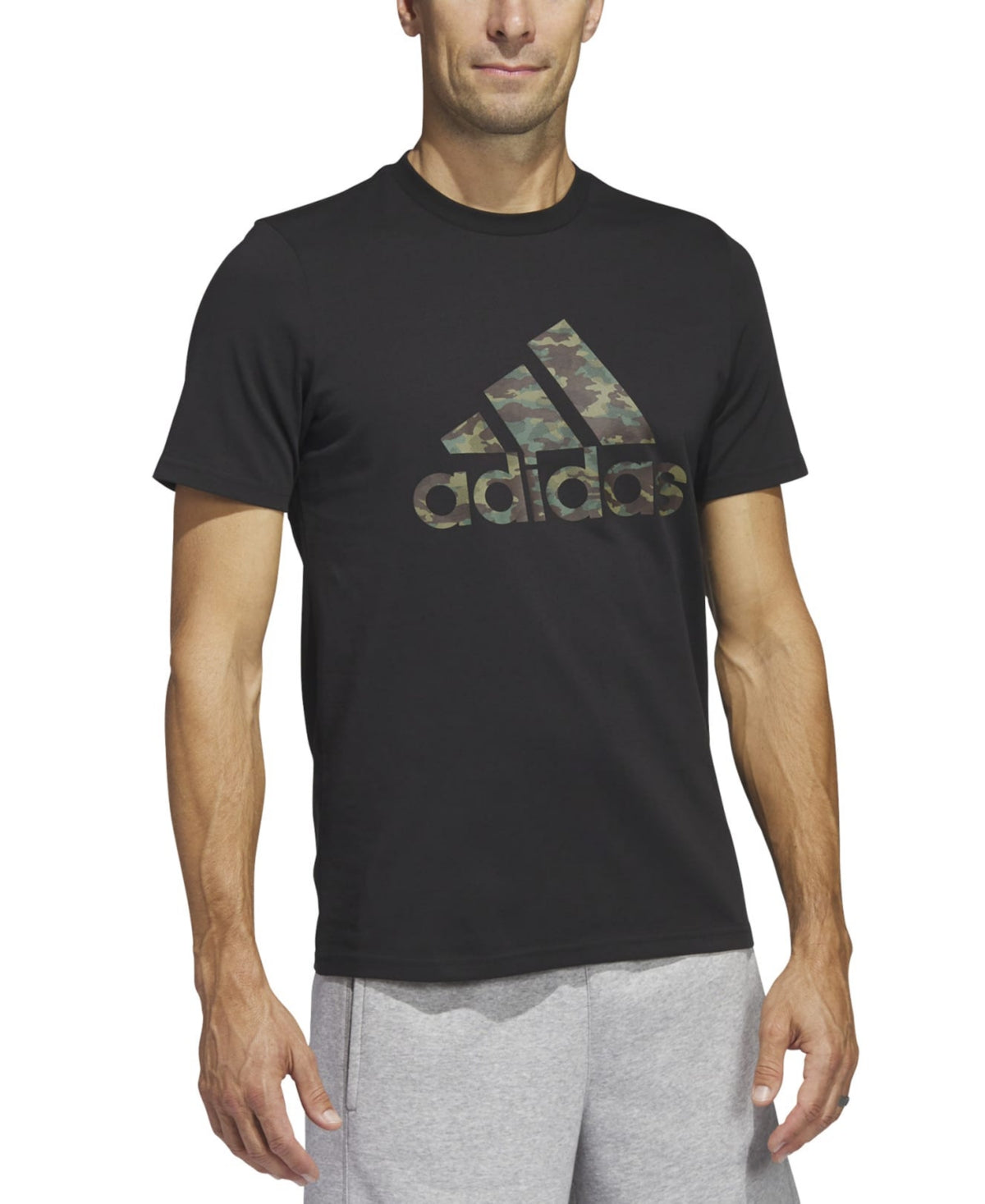 Camiseta de manga curta de algodão com logotipo camuflado adidas masculina, preta, tamanho pequeno