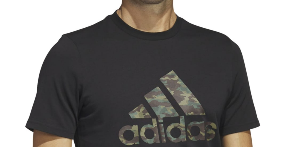Camiseta de manga curta de algodão com logotipo camuflado adidas masculina, preta, tamanho pequeno