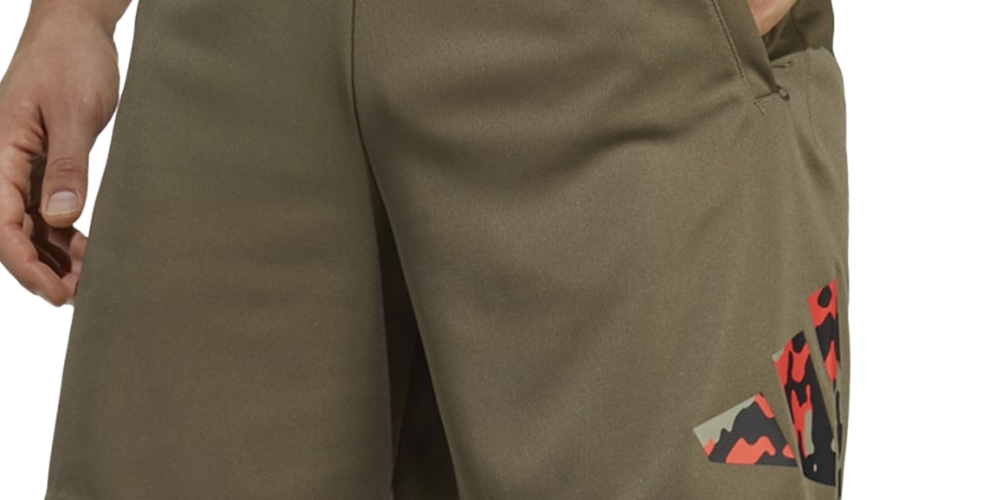 Shorts de treino masculino adidas Train Essentials Seasonal Camo com logotipo preenchido, verde, tamanho pequeno