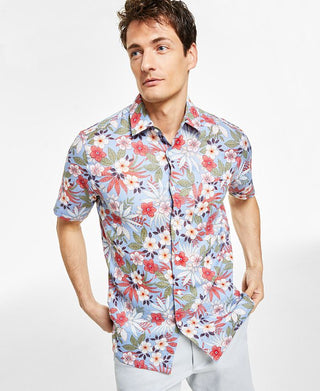 Camisa masculina de manga curta 100% linho floral roxa tamanho pequeno Club Room