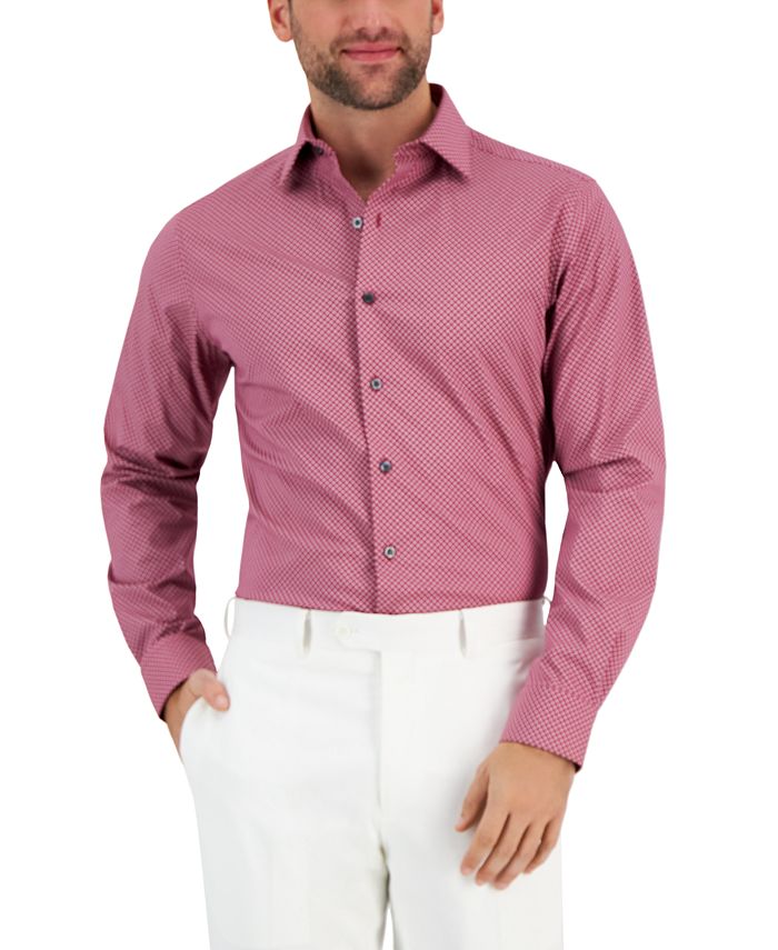 Camisa social masculina Alfani Slim Fit resistente a manchas com estampa de quebra-cabeça vermelha tamanho 15x32x33