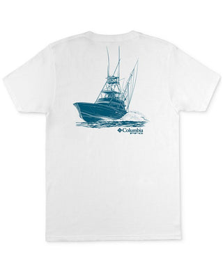 Camiseta Columbia Masculina PFG Classic Fit com Logotipo de Barco, Branca, Tamanho Médio
