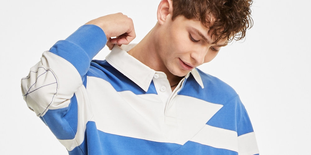 Camisa de rugby listrada Robert masculina Sun + Stone, azul, tamanho pequeno