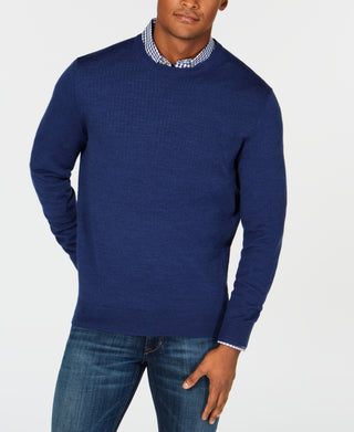 Suéter masculino Club Room de mistura de lã merino com gola redonda e cor sólida, azul, tamanho grande