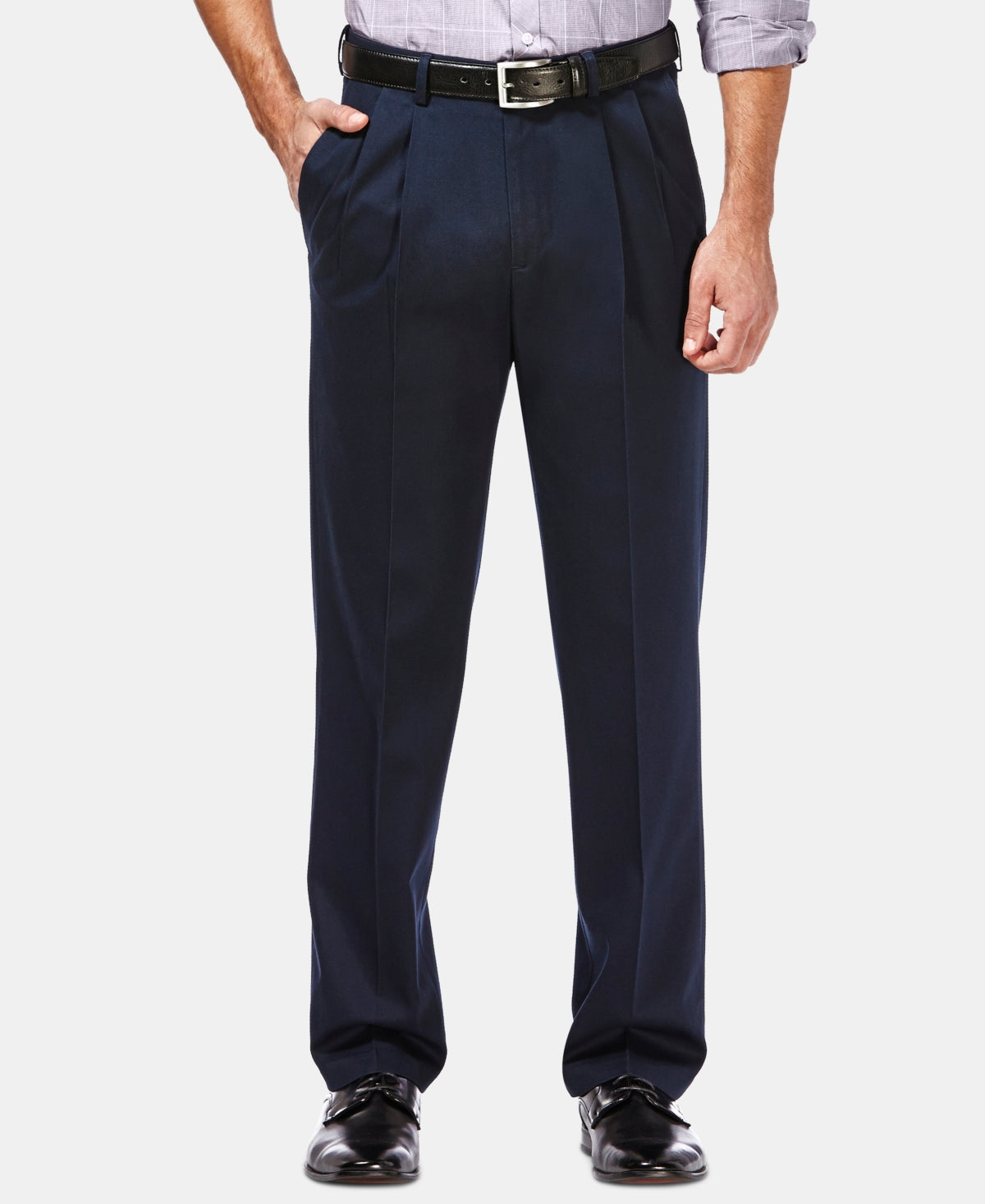 Calça Haggar Masculina Premium No Iron Khaki Classic Fit Pregas Ocultas Cintura Expansível Azul Tamanho 40X32