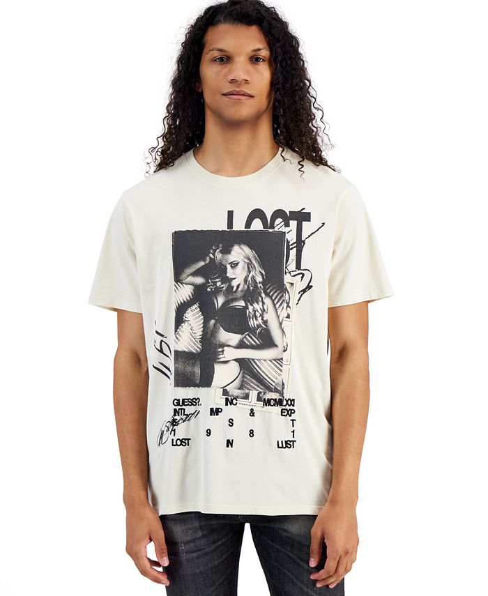 Camiseta masculina GUESS com estampa de manga curta e gola redonda, bege, tamanho extragrande