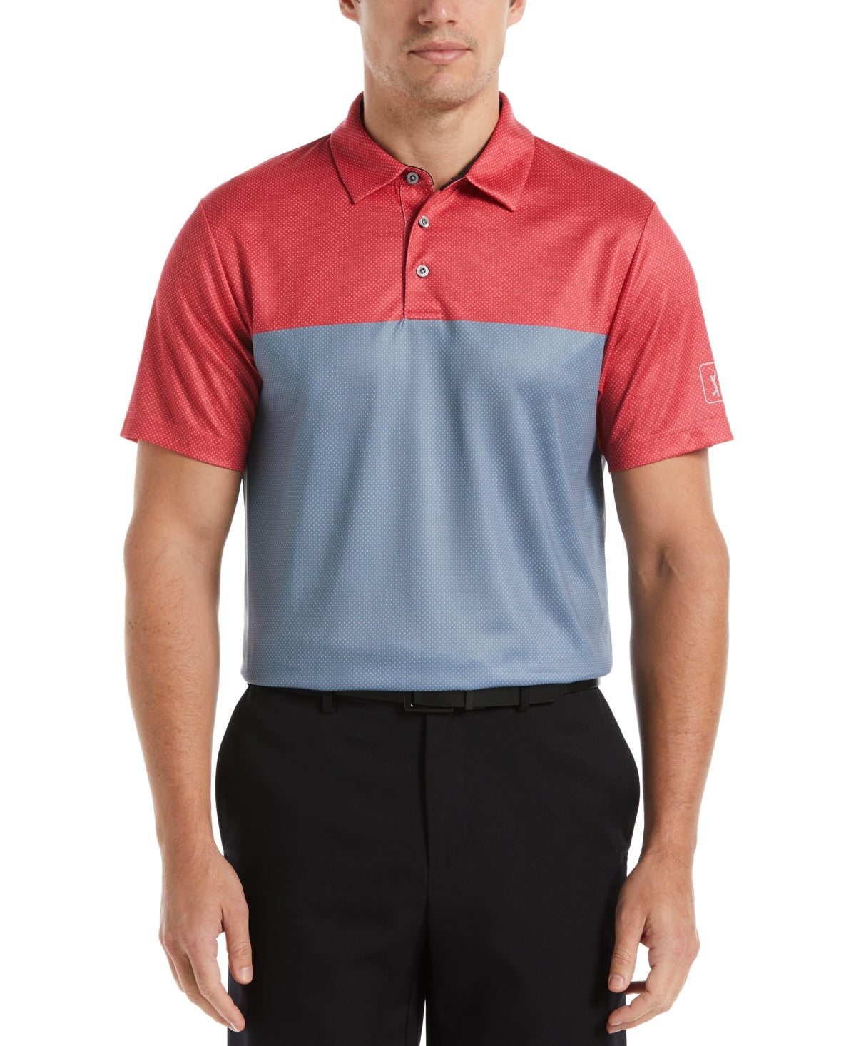 Camisa polo de golfe masculina PGA TOUR Athletic Fit Airflux Birdseye Block Print manga curta vermelha tamanho X-G