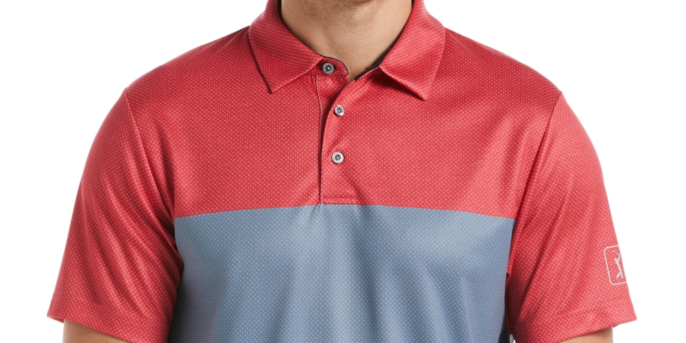 Camisa polo de golfe masculina PGA TOUR Athletic Fit Airflux Birdseye Block Print manga curta vermelha tamanho X-G