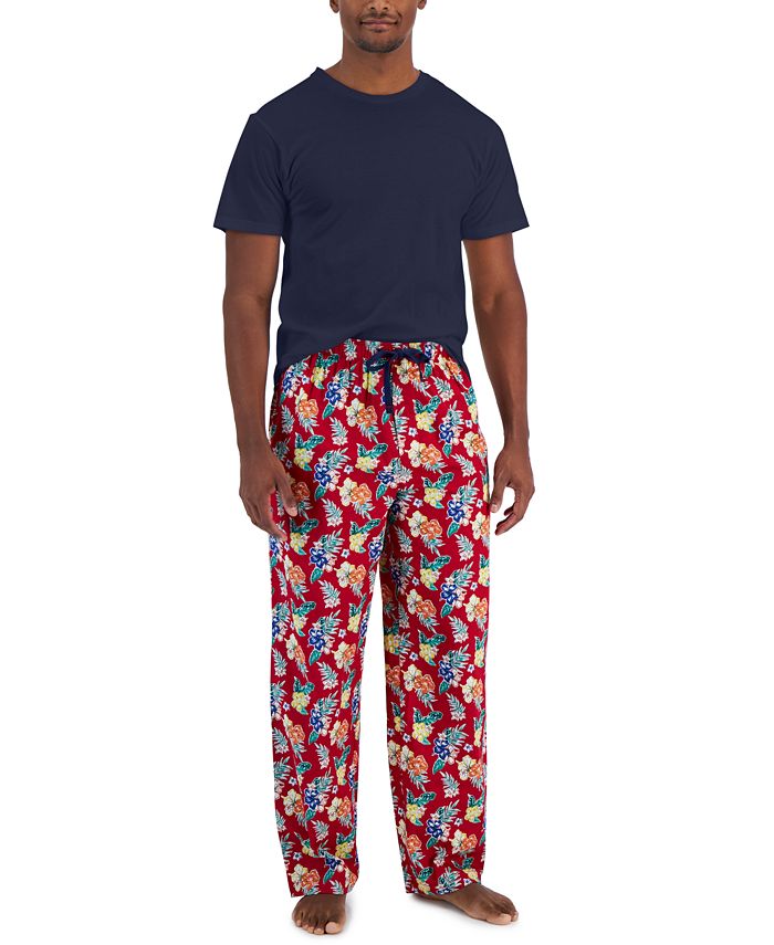 Conjunto de pijama masculino Club Room com blusa lisa e calça tropical, 2 peças, vermelho, tamanho XX-G