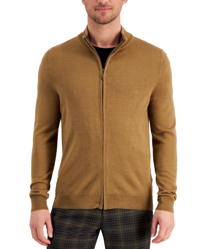 Suéter masculino Club Room Merino com zíper frontal marrom tamanho extragrande