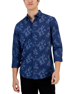 Camisa masculina Alfani com estampa floral pontilhada e botões frontais, manga comprida, azul, tamanho extragrande