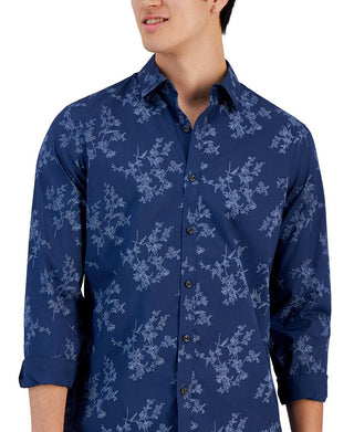 Camisa masculina Alfani com estampa floral pontilhada e botões frontais, manga comprida, azul, tamanho extragrande