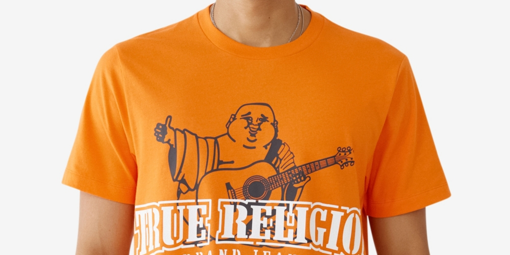 Camiseta masculina True Religion com estampa de Buda e manga curta, laranja, tamanho pequeno