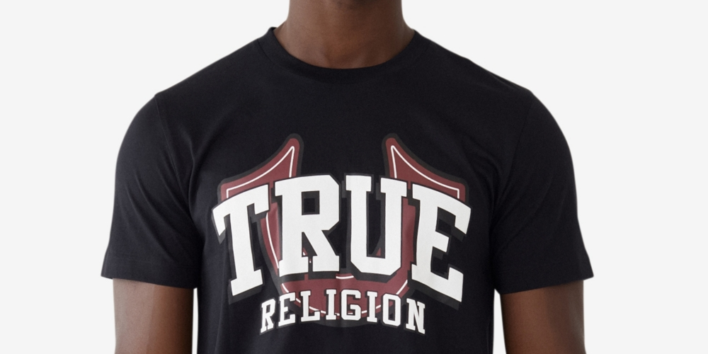 Camiseta masculina True Religion com manga curta e logotipo True, preta, tamanho pequeno