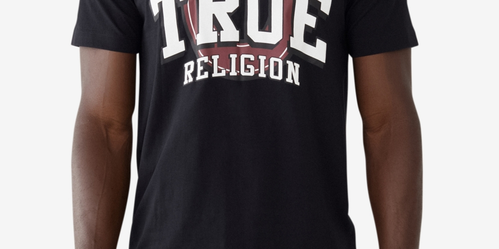 Camiseta masculina True Religion com manga curta e logotipo True, preta, tamanho pequeno