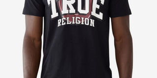 Camiseta masculina True Religion com manga curta e logotipo True, preta, tamanho pequeno