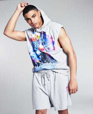 E agora este moletom com capuz gráfico sem mangas masculino cinza tamanho pequeno