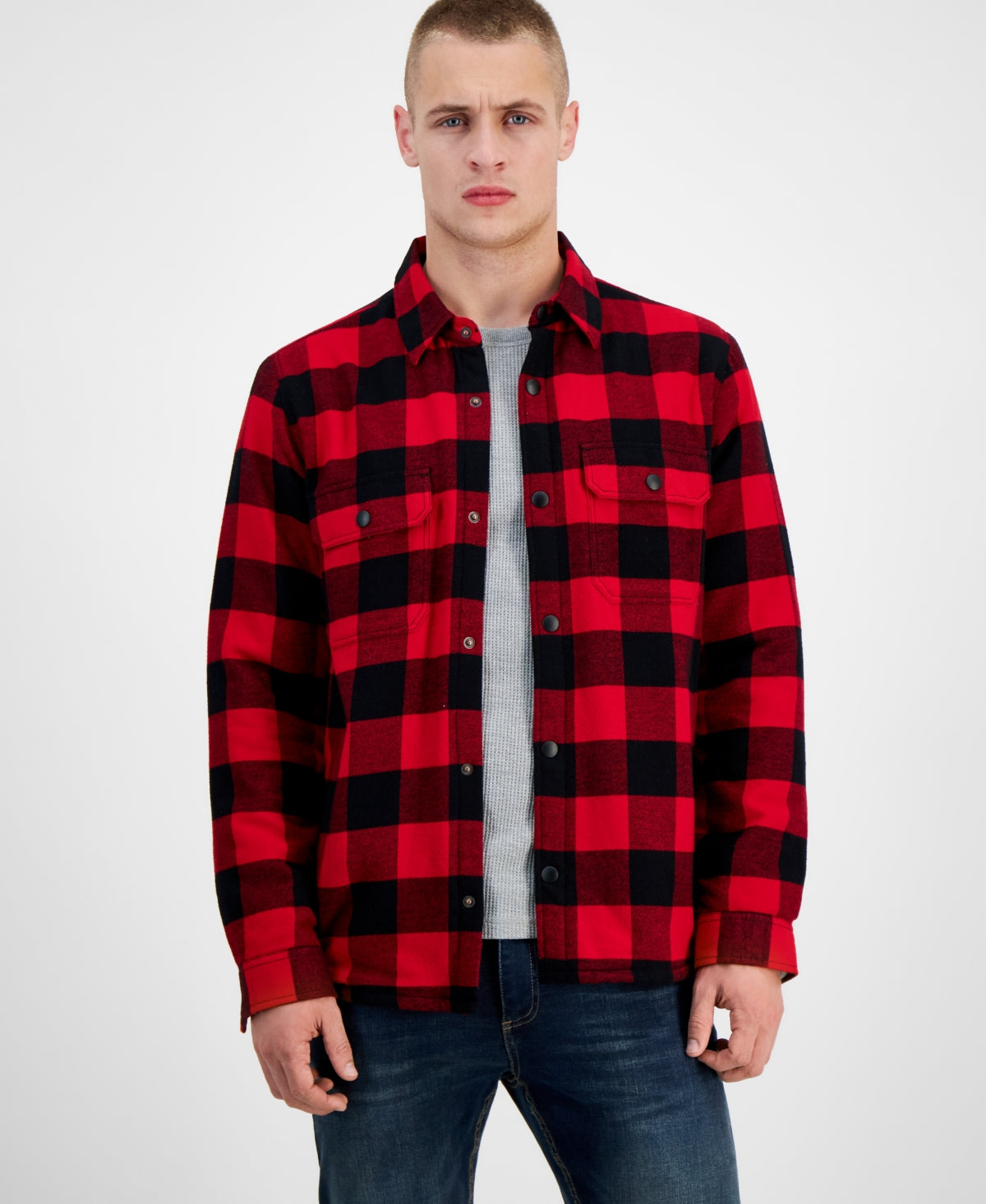 Sun + Stone Camisa de flanela xadrez masculina Carter Buffalo, manga comprida, com botões, vermelha, tamanho pequeno