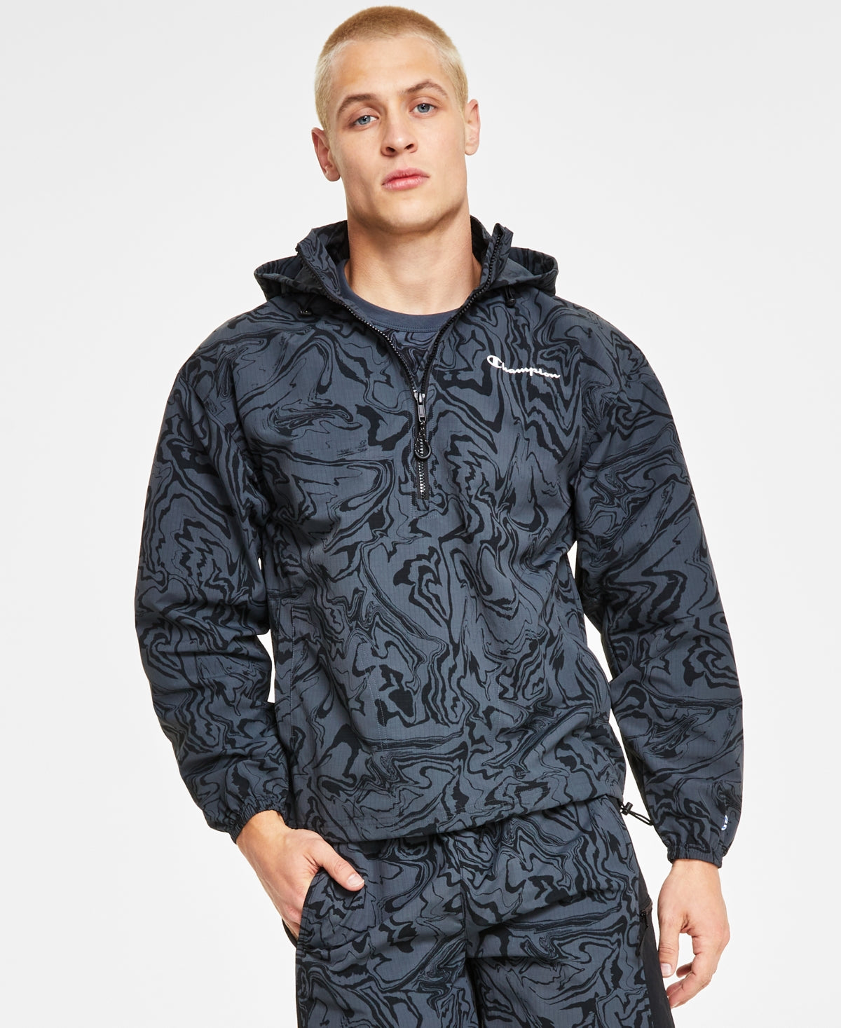 Champion Masculino Standard Fit Logo Print Resistente à Água Ripstop Anorak Preto Tamanho Grande
