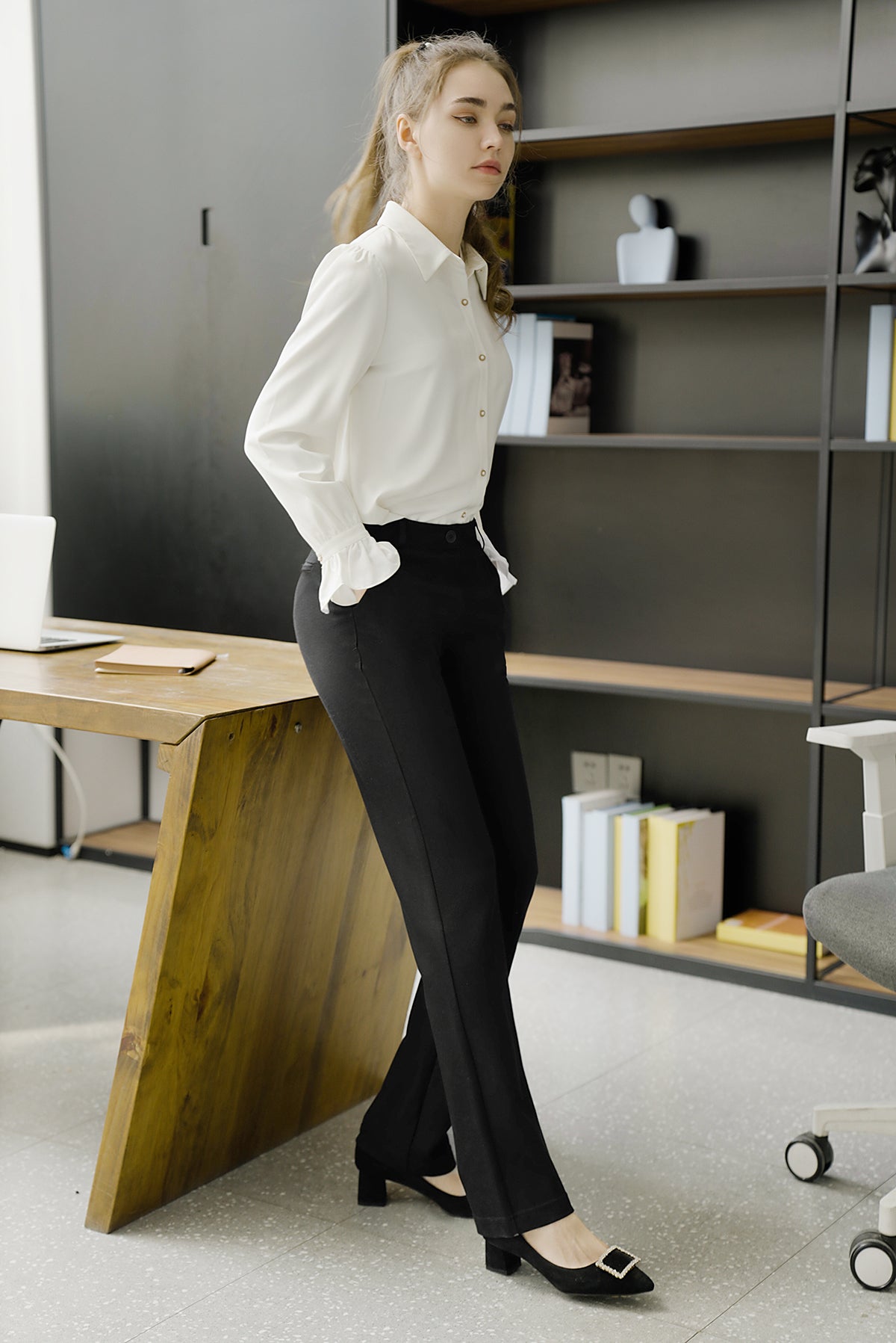 Calça social feminina elástica SPYM, calça casual, reta, larga, skinny, bootcut, preta, tamanho pequeno G