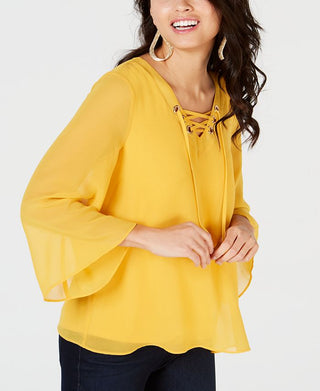 Thalia Sodi Top feminino com manga 3/4, decote em V, com cadarço, estampado, vários tamanhos P