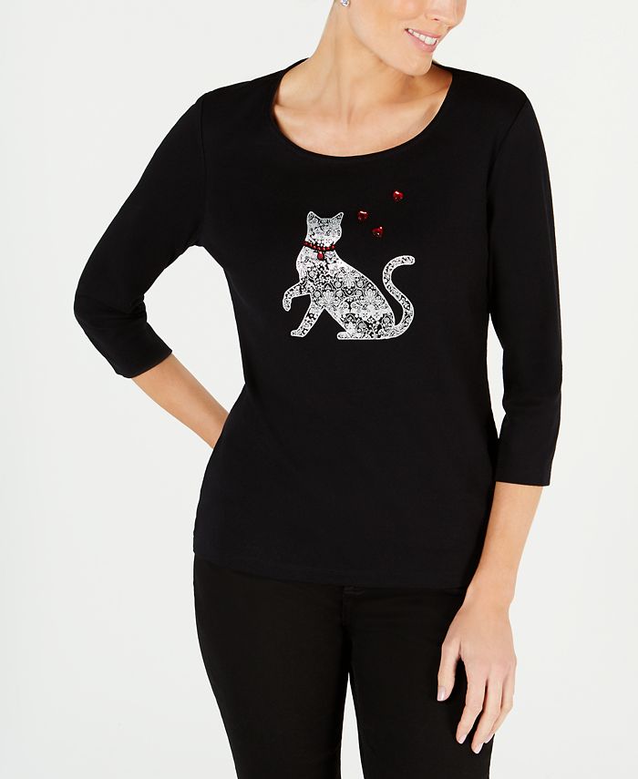 Camiseta Karen Scott Cotton com estampa de gato e estampa preta, tamanho P