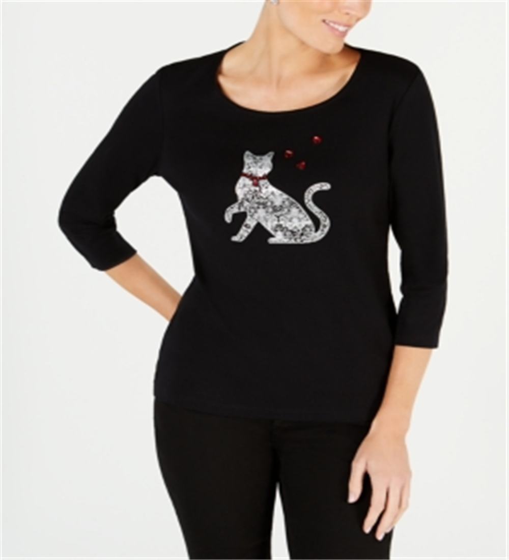 Camiseta Karen Scott Cotton com estampa de gato e estampa preta, tamanho P