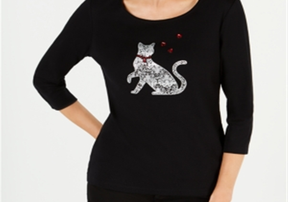 Camiseta Karen Scott Cotton com estampa de gato e estampa preta, tamanho P