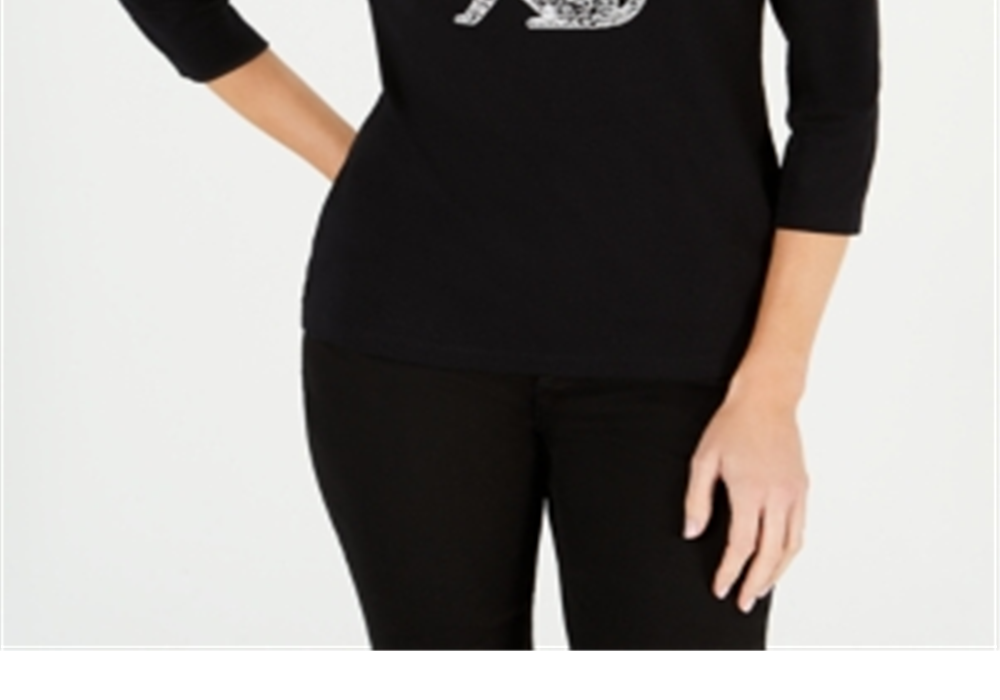 Camiseta Karen Scott Cotton com estampa de gato e estampa preta, tamanho P