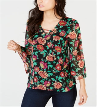 Blusa feminina Thalia Sodi, multicolorida, média, floral, com cadarço, preta, tamanho M