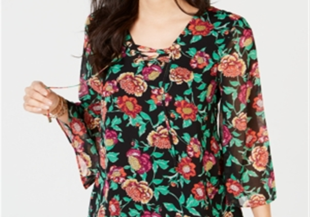 Blusa feminina Thalia Sodi, multicolorida, média, floral, com cadarço, preta, tamanho M