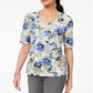 Blusa estampada Karen Scott com decote em V, azul, tamanho XXL