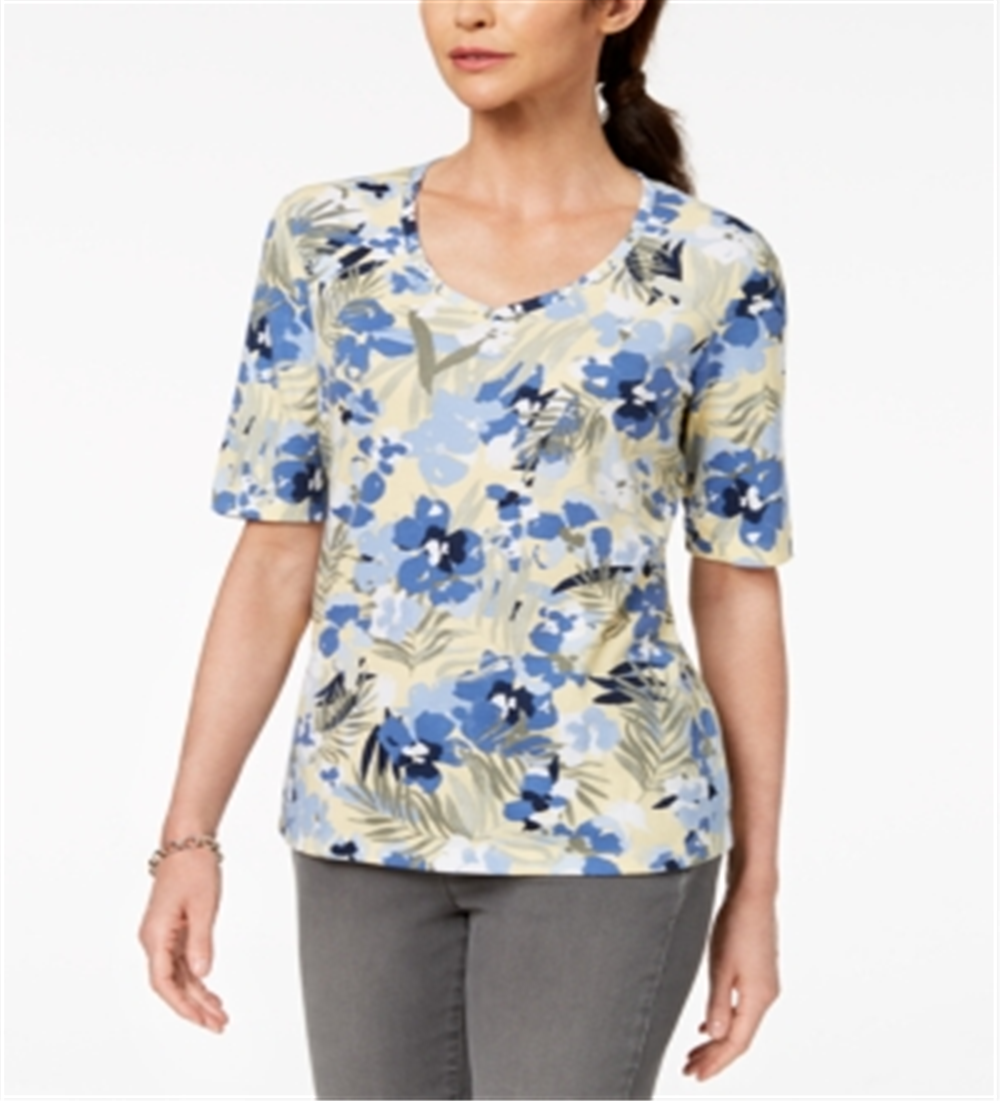 Blusa estampada Karen Scott com decote em V, azul, tamanho XXL